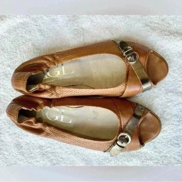 AGL Italian Brown Camel Leather Peep Toe Stylish Flats - Picture 2 of 11